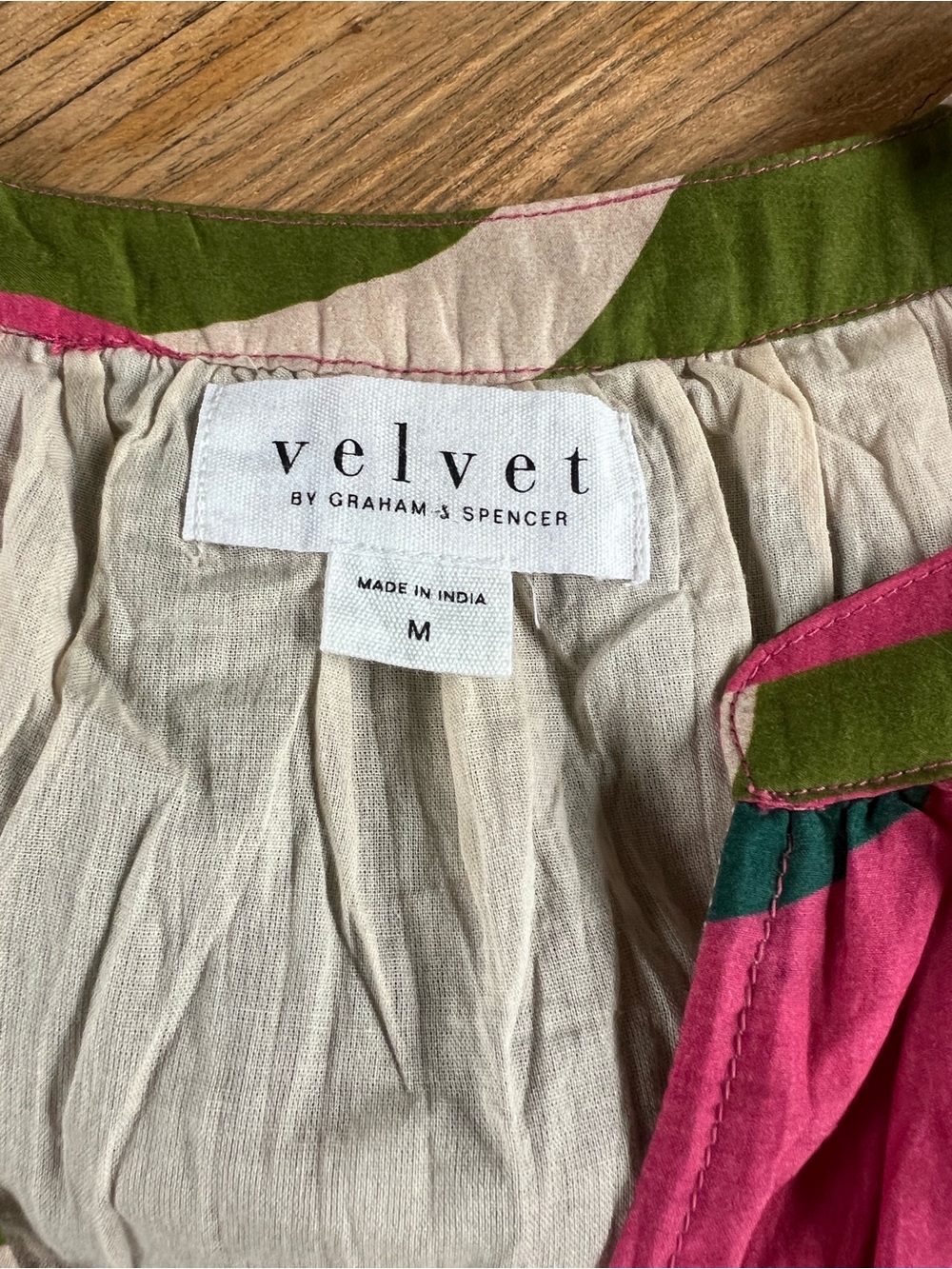 Velvet Colorblock Leaf Print Peasant Blouse in Pink, Green & Teal - Picture 3 of 4